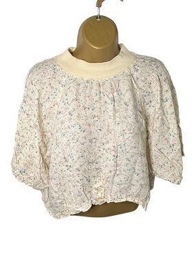 Vintage 80s Mona Lisa Cropped Printed Blouse Button Detail Ivory M